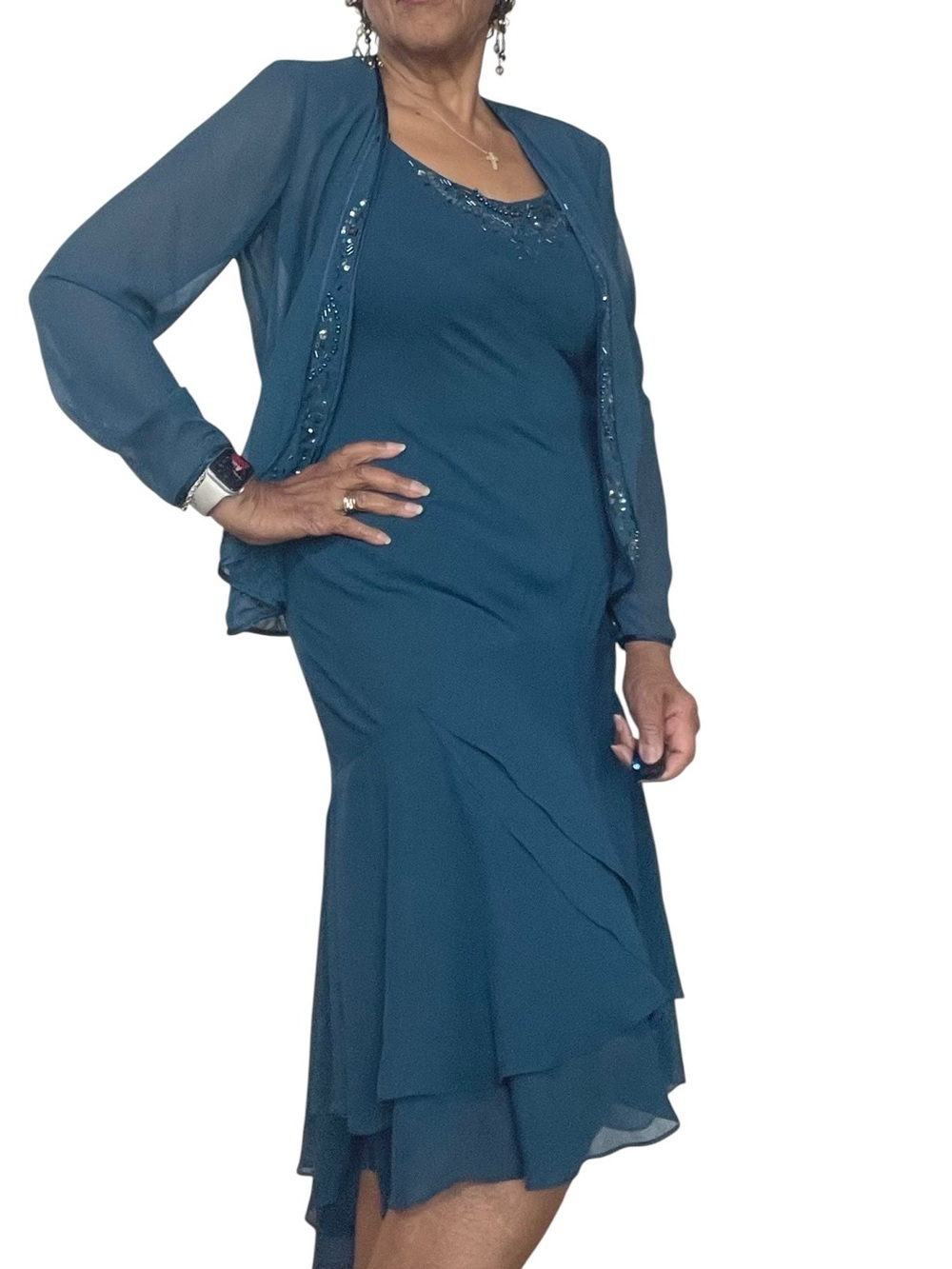 S.L. Fashions Teal Layered Midi Dress with Beaded Jacket - Picture 3 of 12